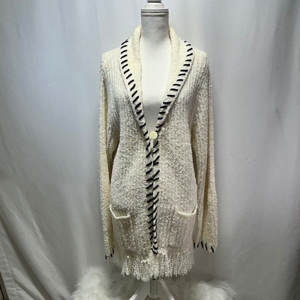 Carol‎ Rose Cream Textured Knit Shawl Collar Cardigan Sweater Black Stitching XL